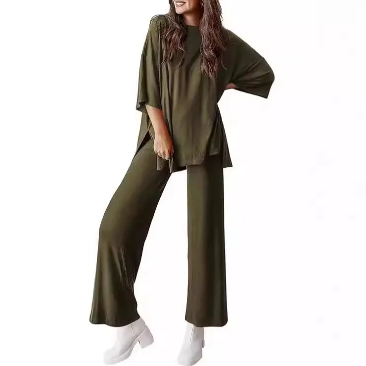 

2025 Women's Fashion Casual Crew Neck Loose T Side Pocket Pajama Set Europe and America