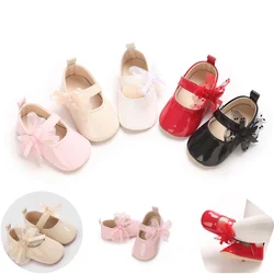 0-18M Classic PU Leather Girls' Baby Shoes Bow Princess Flat Bottom Anti slip Soft Bottom Walking Newborn Crib Dress Shoes