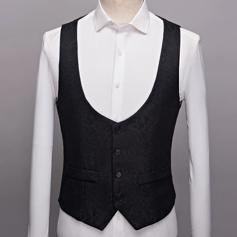 Man Solid Jacquard Sleeveless Waistcoat Men's Single-breasted V-neck Business Vest Wedding Party Men Vests Blue Red Black