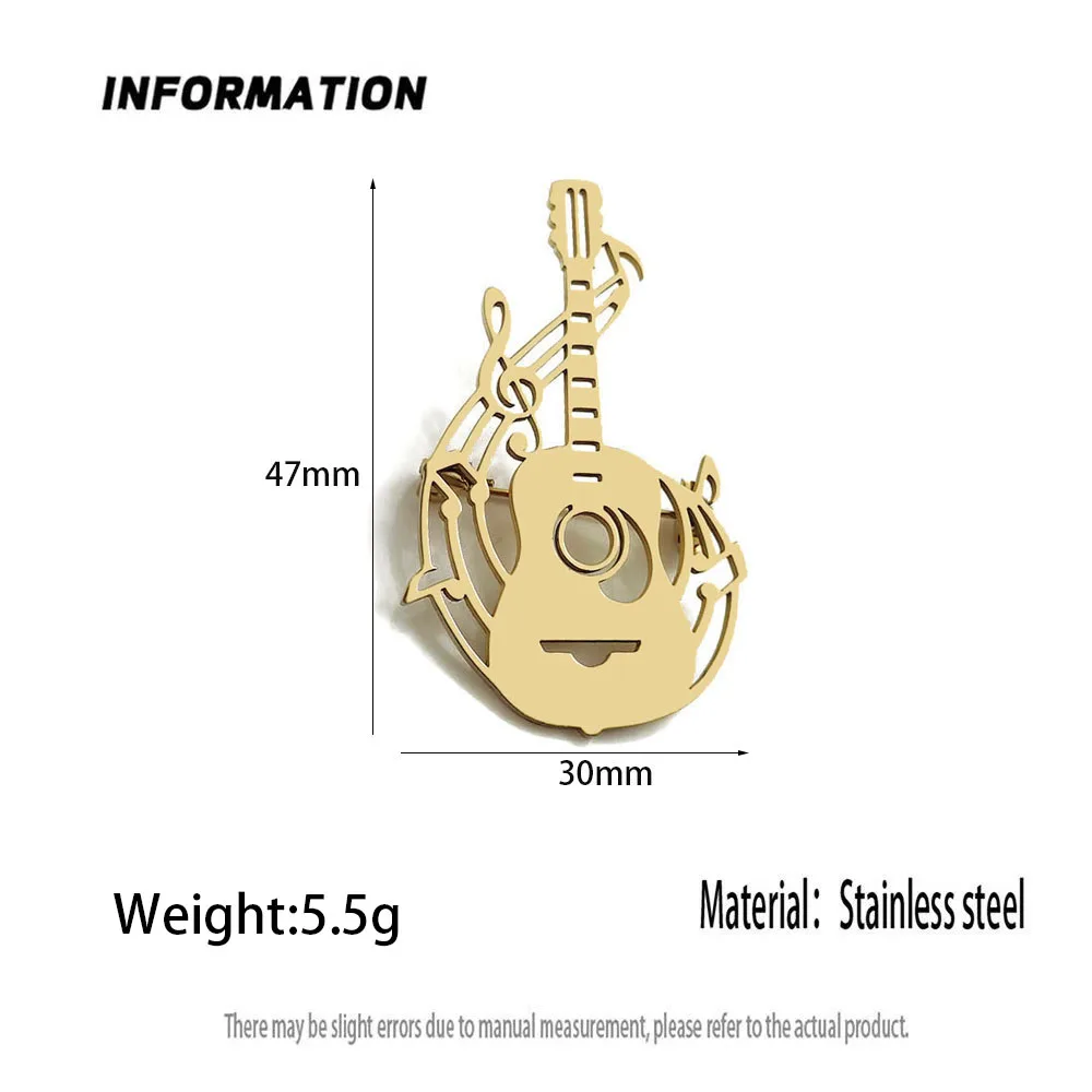 316L Stainless Steel 18K Gold Guitar Note Hollow Brooch Lapel Pin Musician Suit Backpack Unisex Metal Jewelry Gift