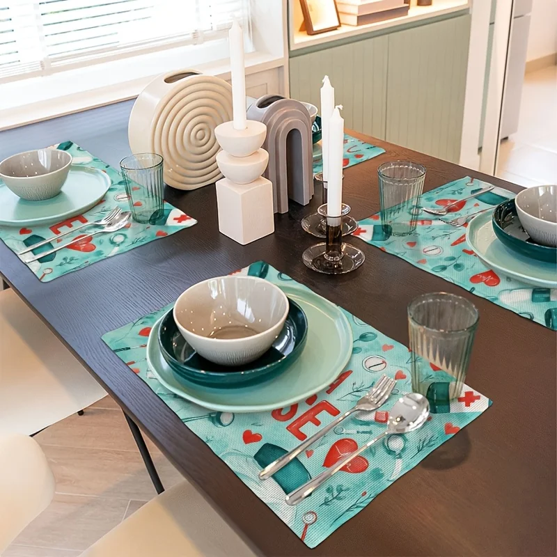 4pcs Nurse-Themed Placemats Medical Symbols Design with LOVE A NURSE Text Durable Polyester Table Mats for Party