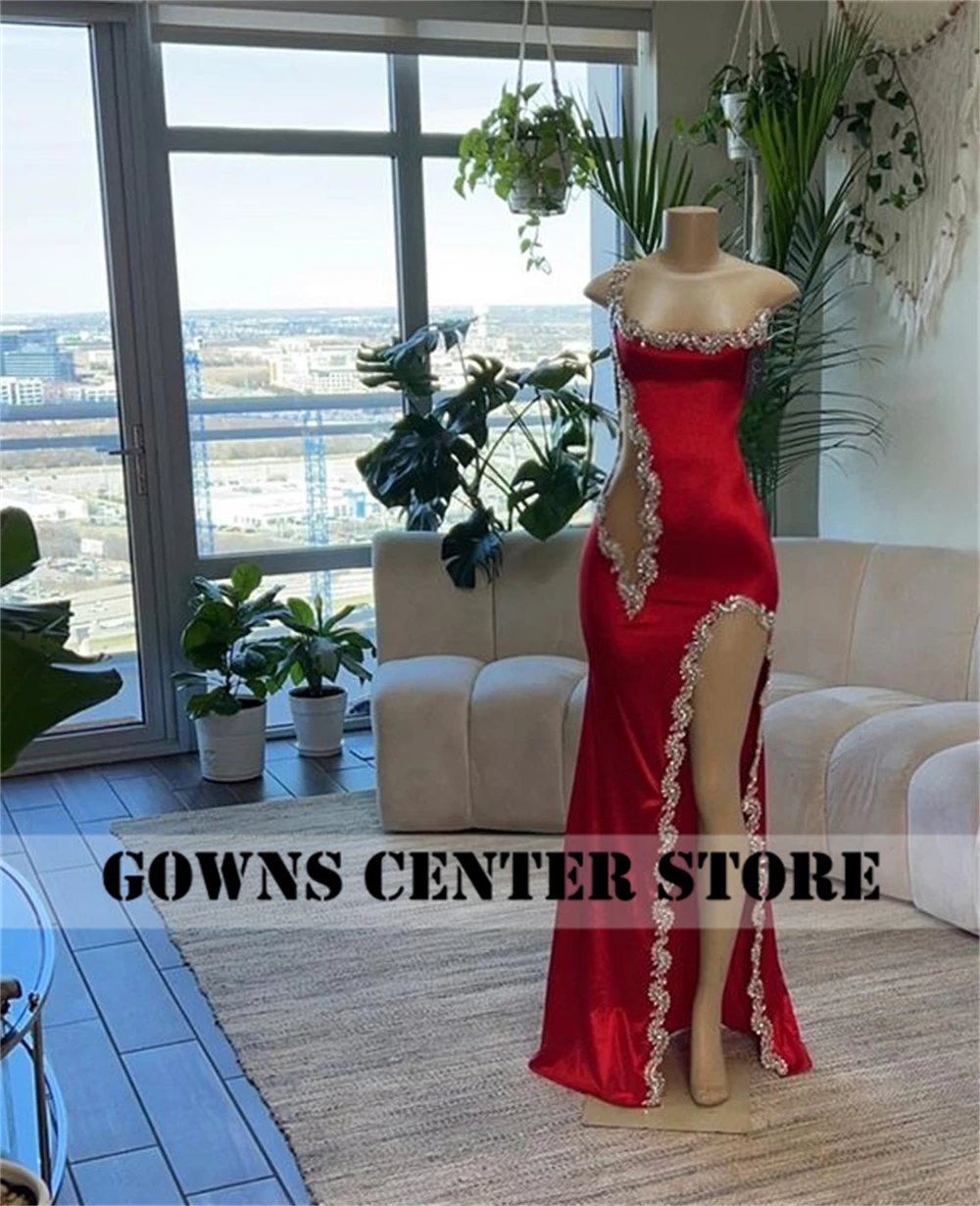 Sexy Red Beaded Spaghetti Mermaid Prom Dresses 2024 Luxury One Shoulder Slit Birthday Dress Black Girl Middle East Customized