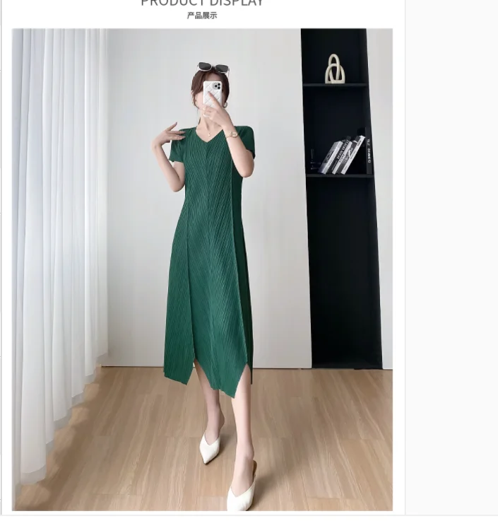 

HOT SELLING Miyake Fashion fold v-neck short sleeve solid Irregular dress IN STOCK