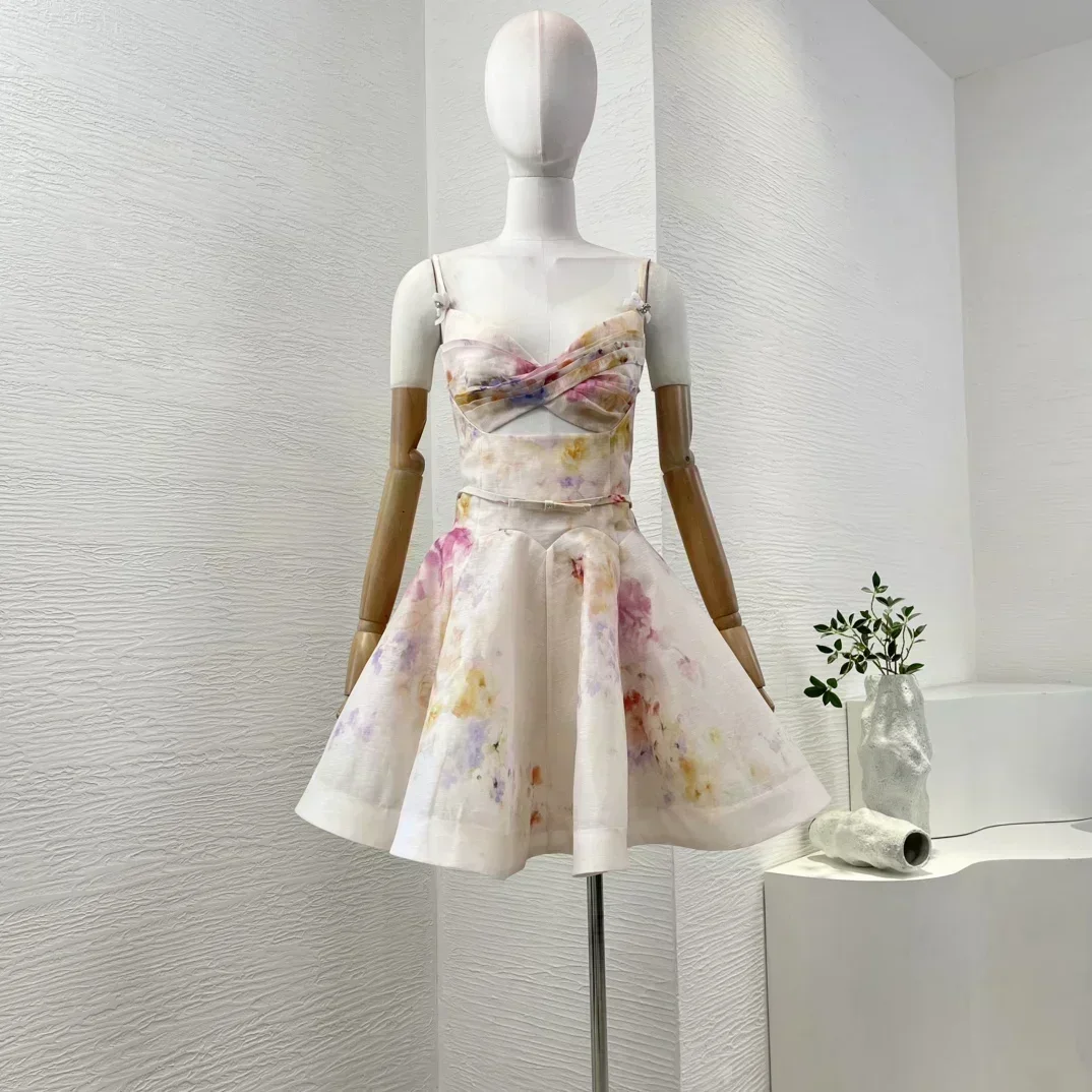 Mini robe en lin à plis superposés pour femmes, imprimé floral, sans bretelles, taille spaghetti, design tendance, nouveau, 2025