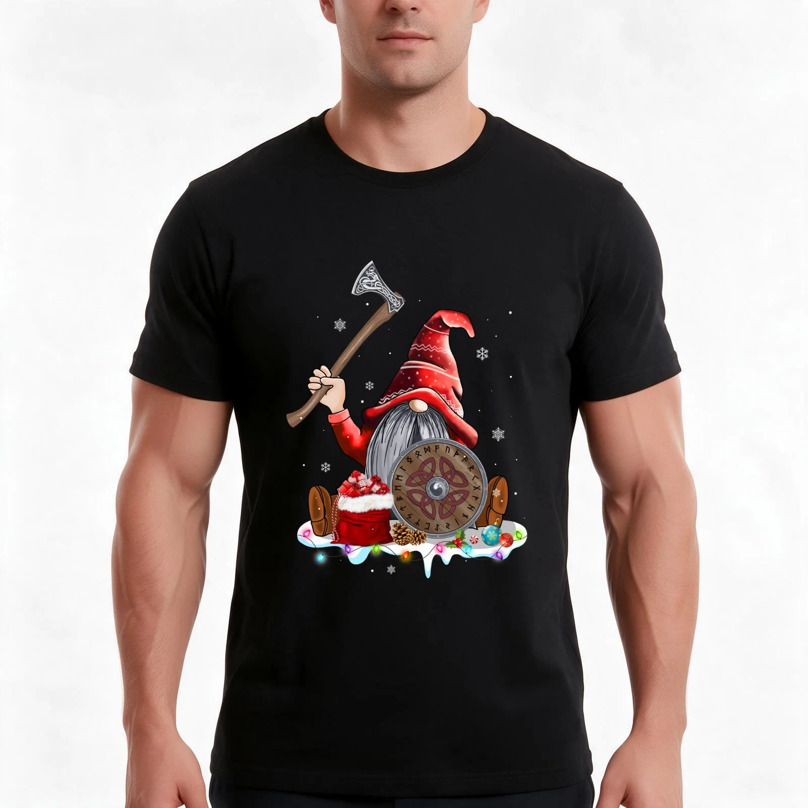 Norse Mythology Xmas Red Hat Gnome Beard Viking Weapons T-Shirt, Classic Crew Neck Shirt, Breathable Cotton Everyday Tee