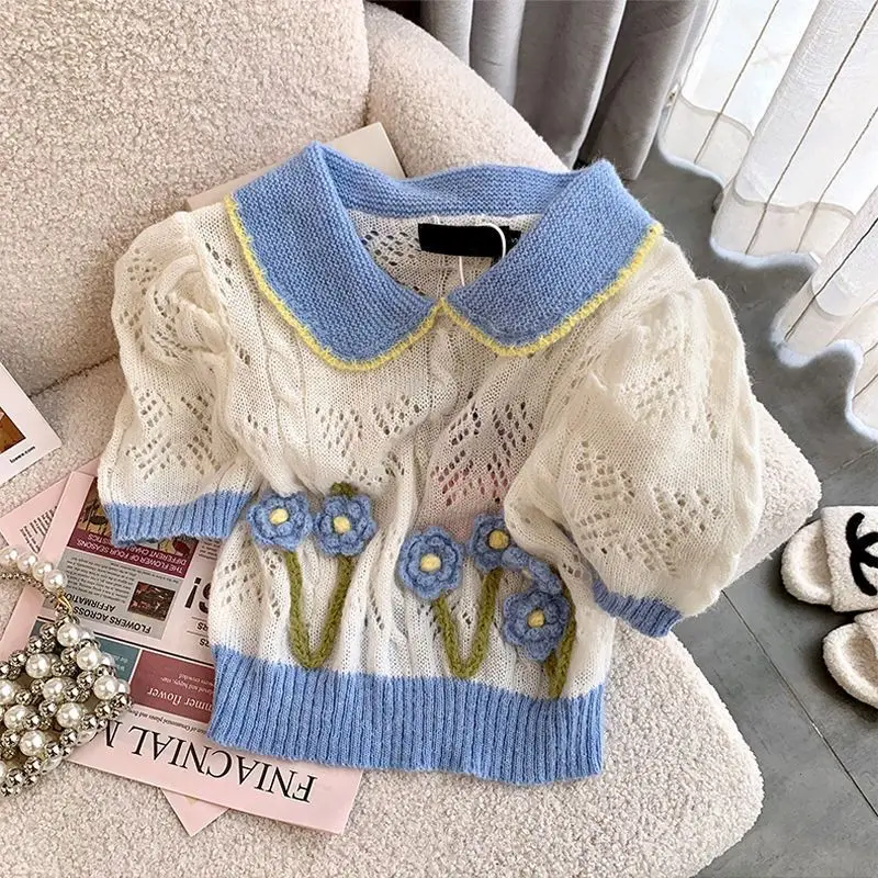 

Women Summer 3D Floral Knit Sweater New Design Cute Cropped T-shirt Short-Sleeve Top Knitwear Turn-up Collar Tops Kawaii Clothes