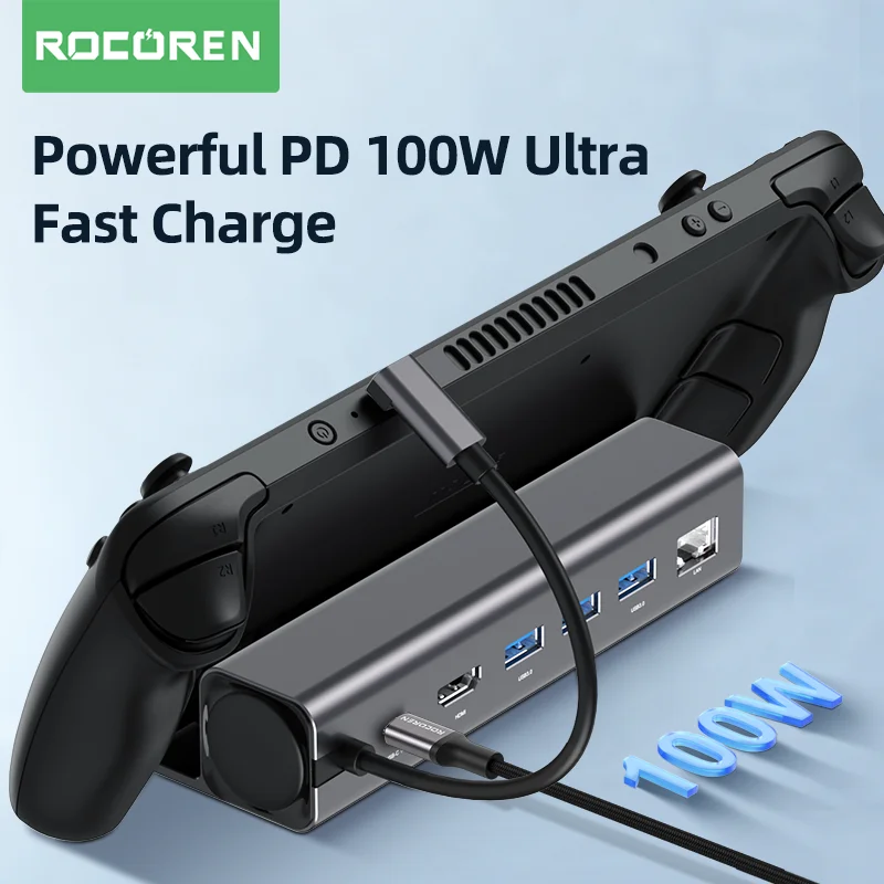 Rocoren 스팀 데크 도킹 스테이션, 6 in 1 USB C 허브, HDMI 호환 4K60Hz RJ45 독, 스팀데크 닌텐도 스위치 ASUS 로그 앨리용