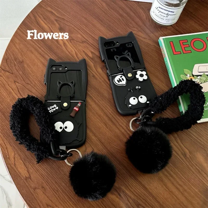 Cartoon Black Phone Case for Samsung Galaxy Z Flip 6 5 4 3 Protective Back Cover for ZFlip4 ZFlip5 ZFlip6 Case