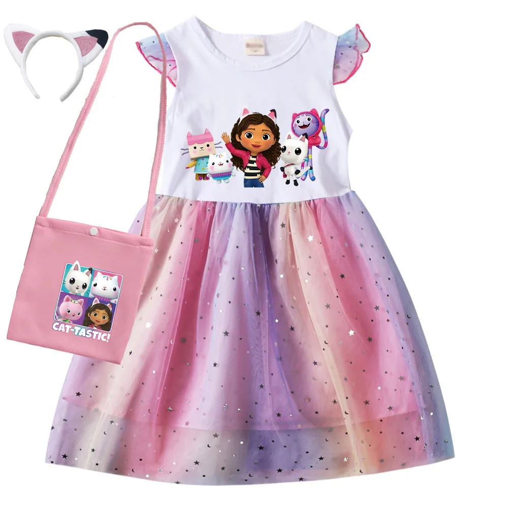 Gabbys Dollhouse Clothes Kids Dresses for Girls Princess Dress & Bag Childrne Cartoon Cute Cats-tastic Wedding Party Vestidos