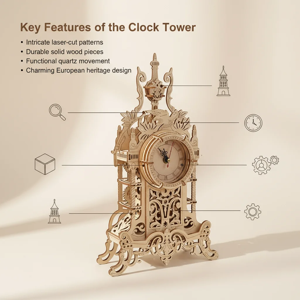برج الساعة الخشبية المصنوع يدويًا ألعاب ألغاز ثلاثية الأبعاد، عناصر عرض إبداعية، هدايا ألعاب ذاتية الصنع، هدايا عيد الميلاد