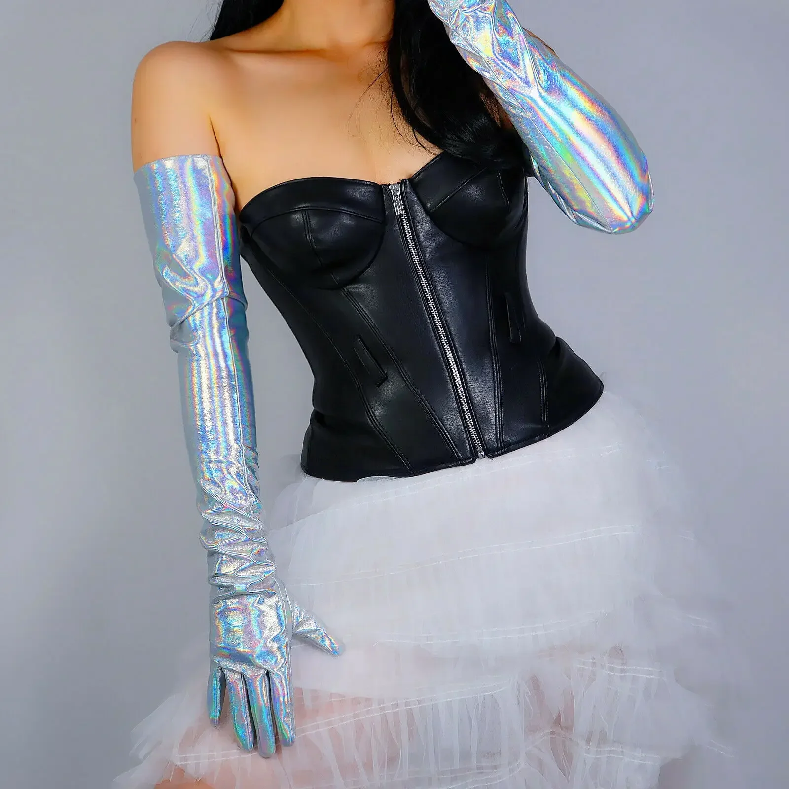 

Mermaid Rainbow Hologram Silver GLOVES Shiny LATEX Faux Patent Leather 28" 70cm Long Evening Fashion Cosplay Halloween Glove