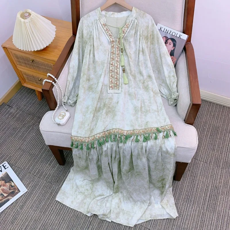 

Этническая длинная юбка-трапеция Changwu: уникальная, красивая, модная, весенне-летняя, с V-образным вырезом, свободная, на талии, из полиэфирного волокна