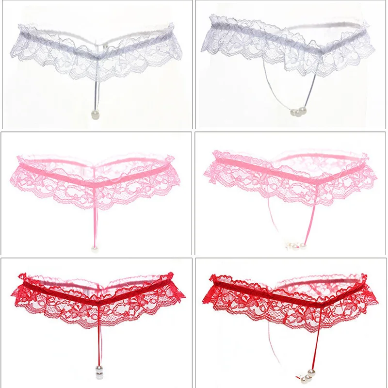 Womens Sexy Pendant Pearl G String Floral Lace Briefs Thongs Underwear Transparent Mesh Pants Open Panties Elastic Knickers