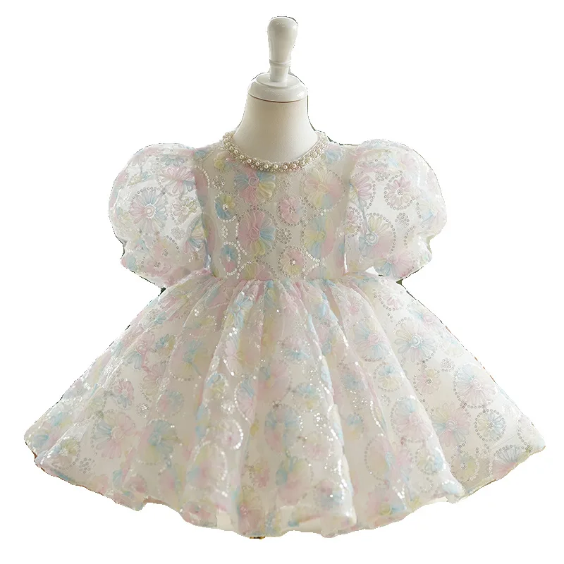 2024 Baby Girl Multi-Color Flower Party Dresses paillettes Princess Dress manica a bolle Teen Gown Large Bow Kids Vestidos for Girls