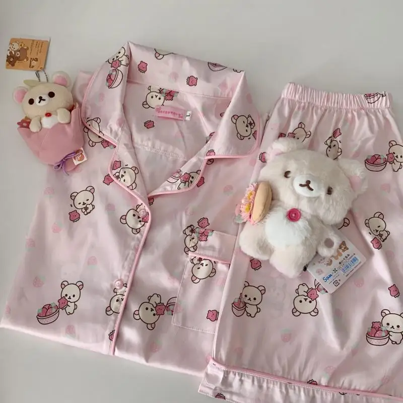 Kawaii Rilakkuma Mashumaro Pajamas Loose Ice Silk Short Sleeved Shorts Long Pants Home Wear Suit Birthday Gift for Girlfriend