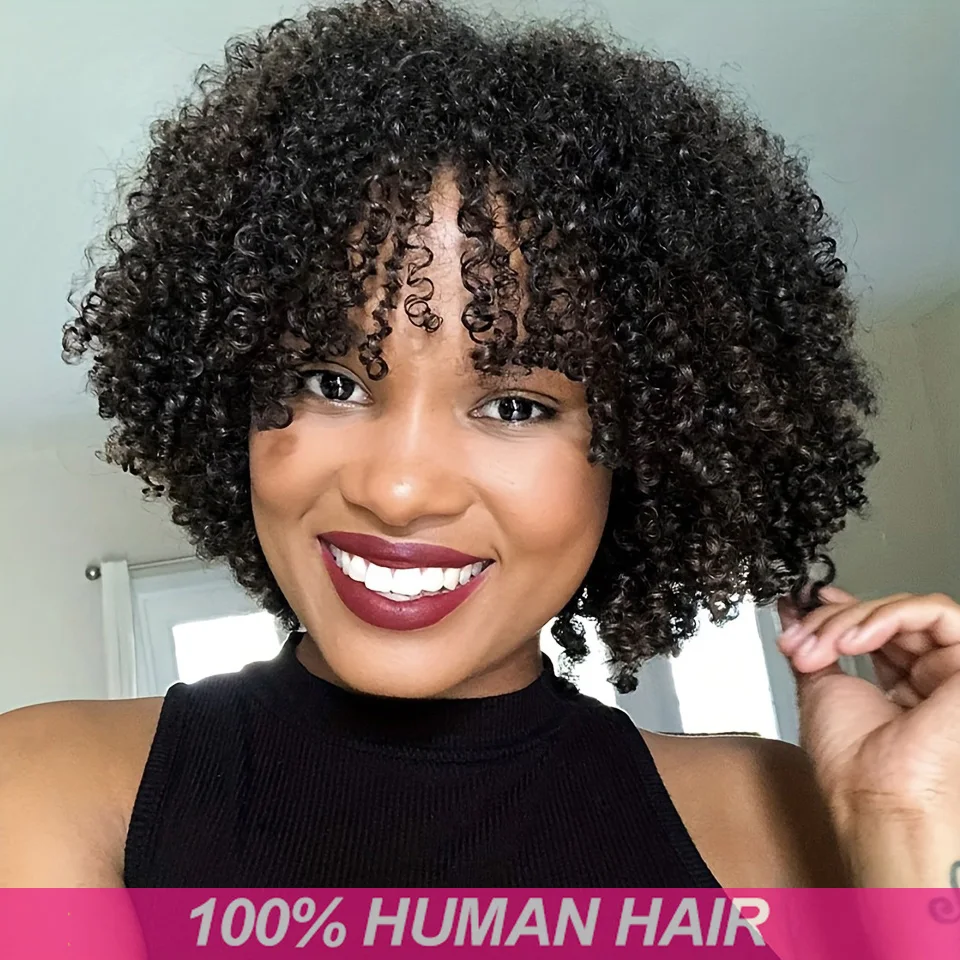 

1 × 3 Прозрачная средняя часть кружева спереди афро странные вьющиеся с челкой 100% человеческие волосы Короткий парик боб для повседневного ношения для женщин