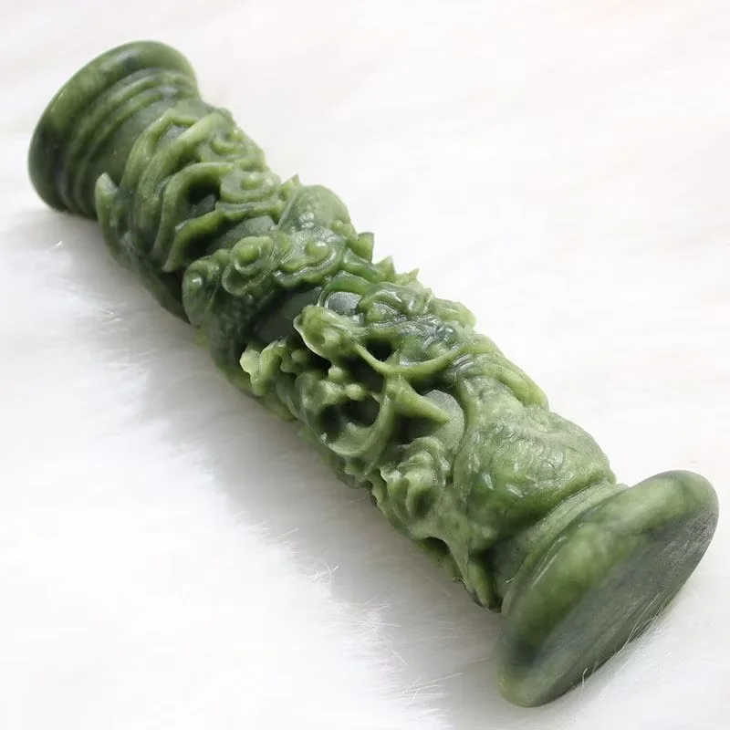 Hand Carved Natural Green Jade Crystal Cloud Dragon Pattern Fengshui Ornament Sphere Holder