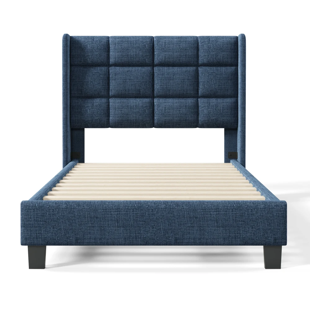 PINGGO Modernes Gepolstertes Einzelbett 90x200cm Blaues Leinen Gepolstertes Kopfteil Schiefergitter Mittlere Festigkeit Ohne Matratze – Detail 6