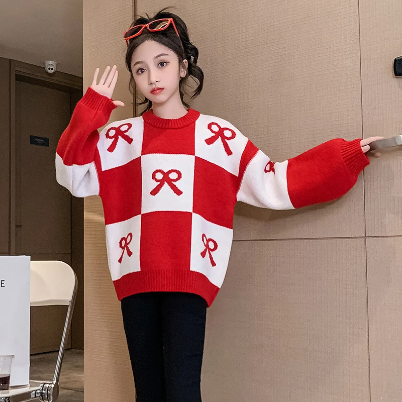 أنيقة الأطفال ربيع الخريف الأحمر منقوشة سترة مع الانحناء للفتيات تصميم الأزياء تريكو ملابس الاطفال عارضة تريكو 4-14Y