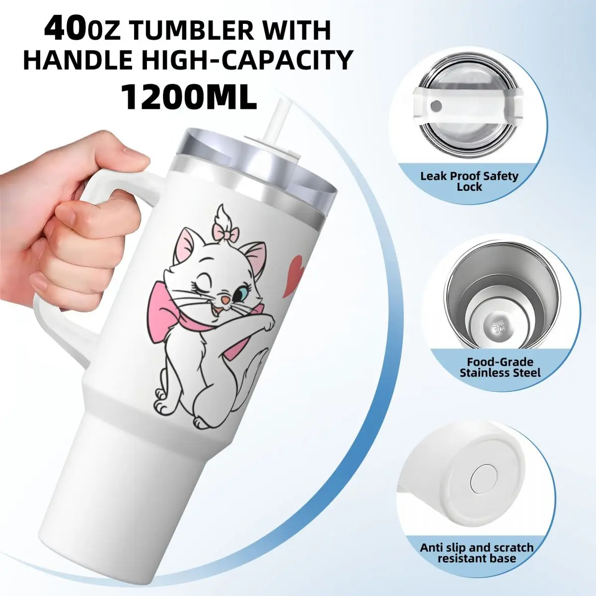 Cartoon Pink Marie Cat Stainless Steel Tumbler Kawaii Camping Mugs Cup Large Thermal Mug Cold Drink Milk Tea Water Bottle