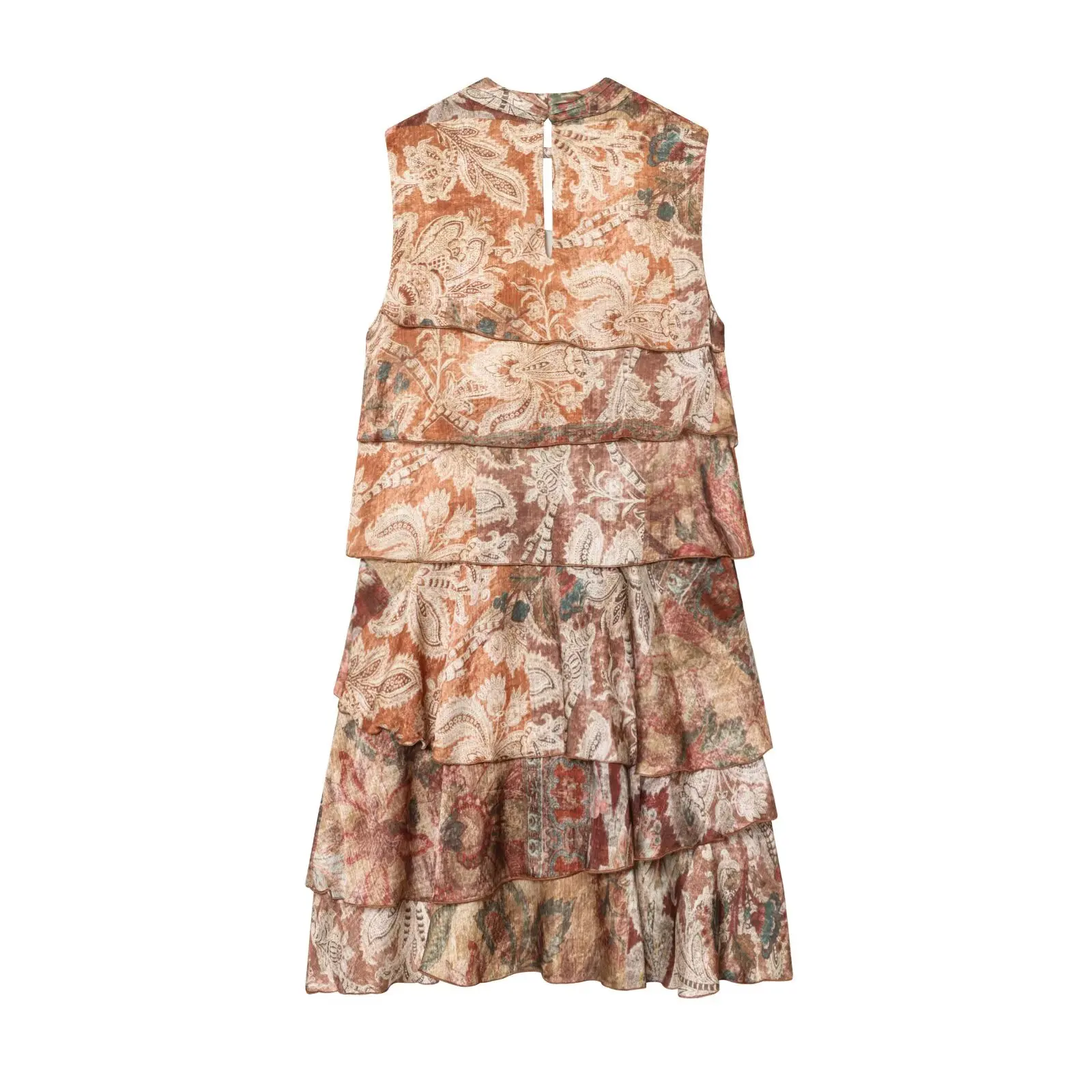 Novo vestido feminino marrom de inspiração francesa estampado slim fit estilo casual decote redondo com detalhes de babados em camadas vestido feminino