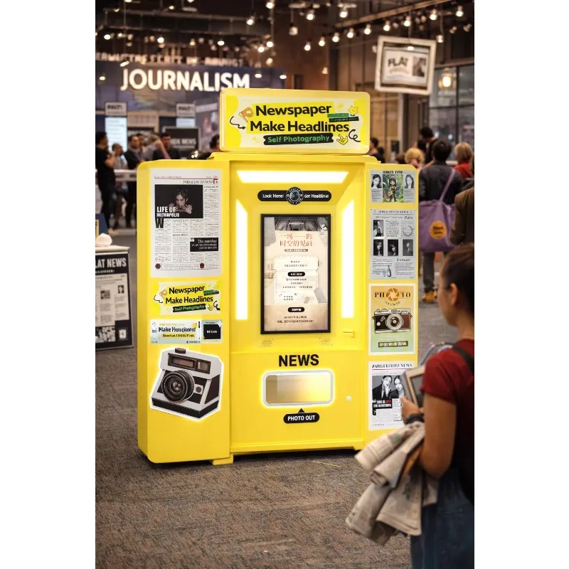 Custom a3 format newspaper photo booth kiosk equipped with laser printer for high return mall event rental business operators