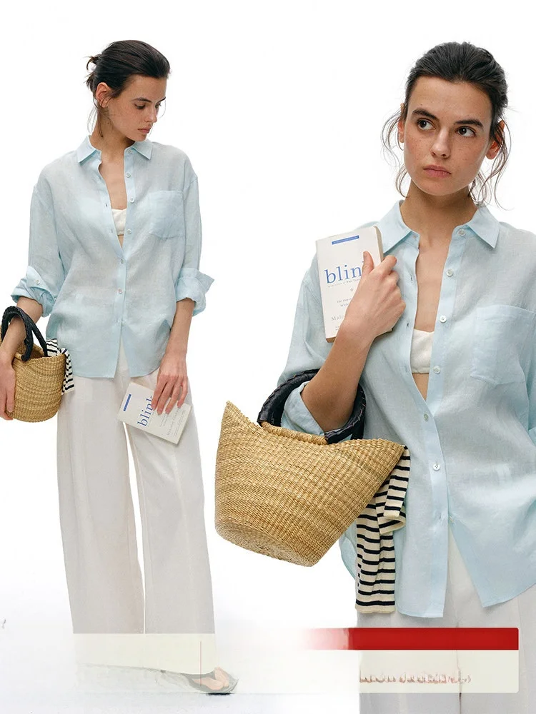 

Who Peach 100% Linen Long Sleeve Shirt Women Loose Versatile Turn-down Collar Top Sun Protection Shirt Summer Commute