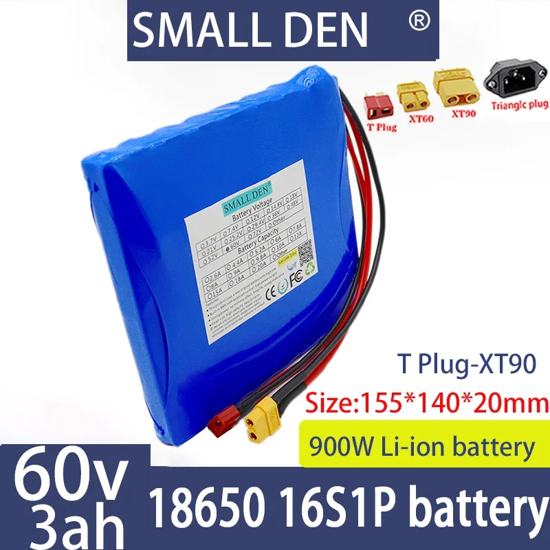 Batterie au lithium aste de grande capacité, haute puissance, adaptée aux batteries au lithium, 60V, 3Ah, 16S1P, NCR 18650, avec BMS