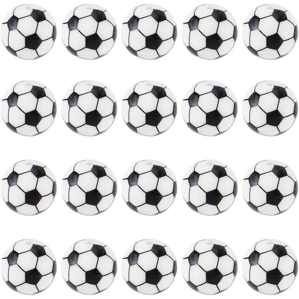 32Pcs 15mm Soccer Beads Sports Silicone Focal Beads White Black Small Loose Round Ball Beaded Pen Bead for Graduation making kit