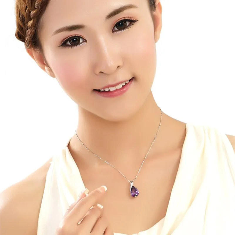 Latest New Purple CZ Crystal with 925 Sterling Silver Water Drop Pendant Necklace Nice Woman Fashion Jewellery