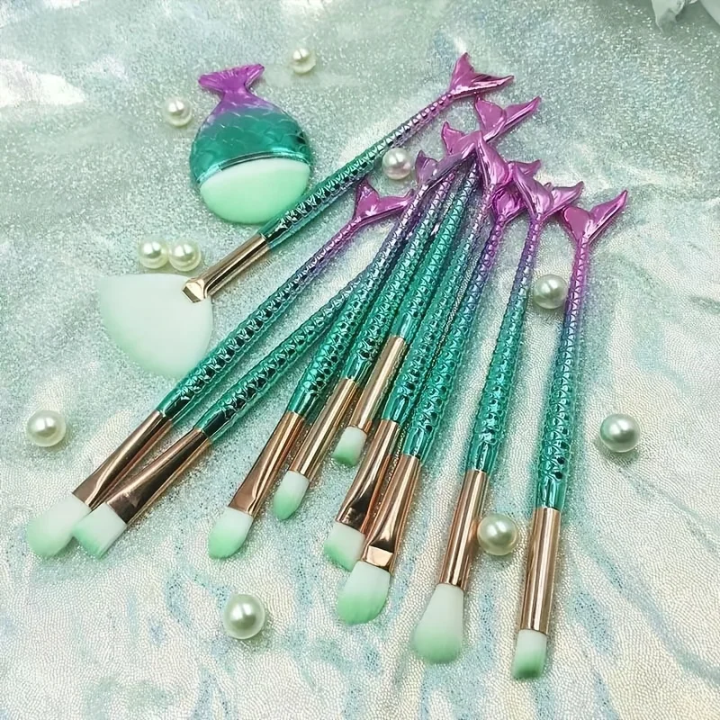 11 個のカラフルな 3D マーメイドメイクブラシセット - 多機能ツール、メイクブラシ、あらゆる肌タイプに適したアクセサリー