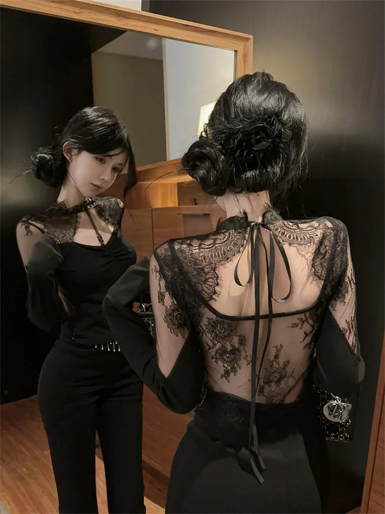 

Cool Nightclub Black Lace Tops for Women 2025 Summer Sexy Hollow Out Backless See Through Tied Neck Inner Top Blusas Femininas