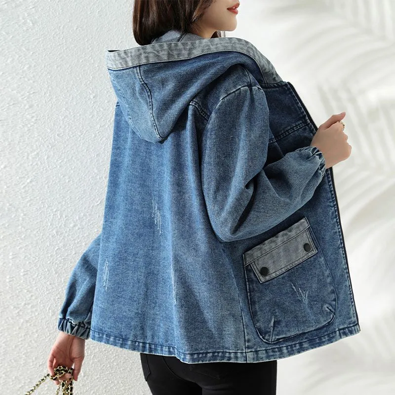 

Women Denim Jacket New Spring Autumn Long Sleeve Tops Female Casual Hooded Jeans Jackets Women Big Pocket Cowgirl Outerwear