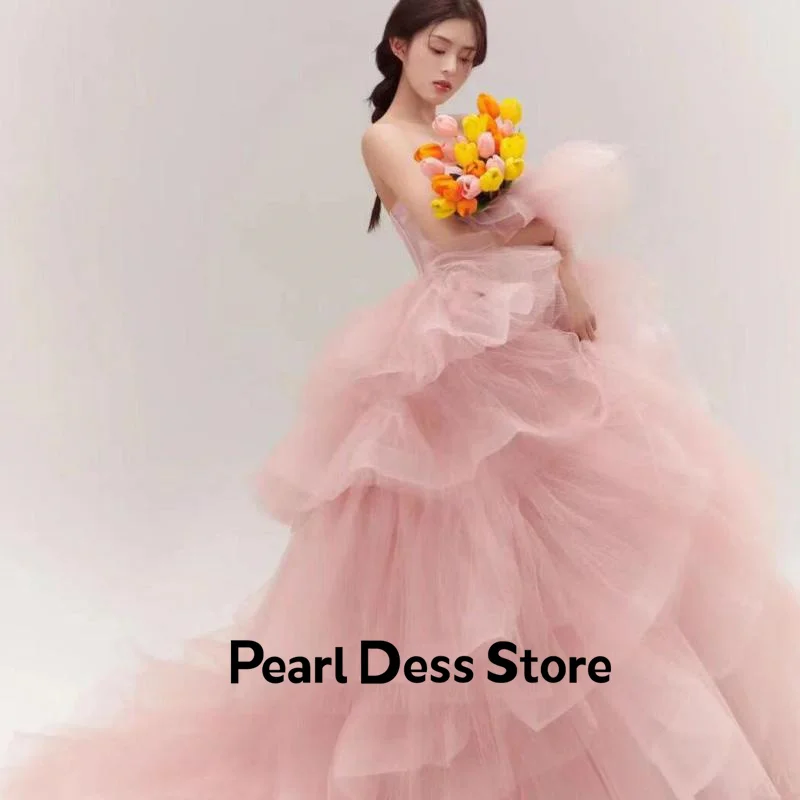 Sweet Pink Vestidos De Quinceaneras Sexy Strapless Layered Vestido De Festa New Tulle Prom Dress, Small Tail Large