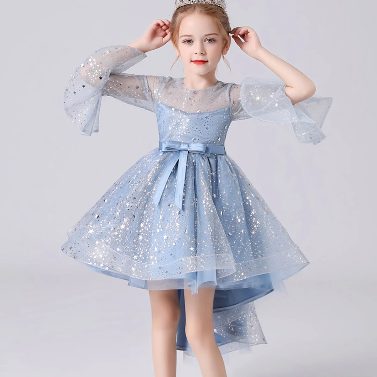 hibobi Kids Girls Bowknot Star Mesh Catwalk Trailing Dress