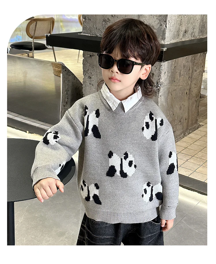 Koreanische Niedliche Kinder-Panda-Pullover mit Cartoon-Drucken, Strickwaren für Jungen, Graue Panda-Kostüme, Kinder-Strickkleidung für Alter 2 3 5 7 9 11 Jahre – Detail 8