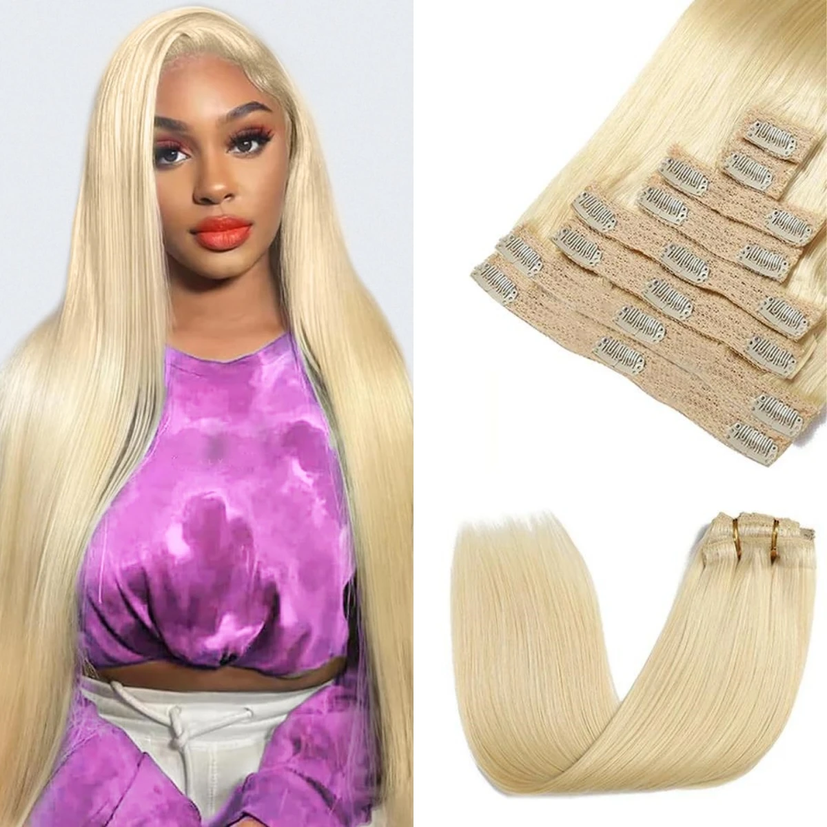 Brazilian Silky Straight Clip In Hair Extensions 8Pcs/Set 100% Real Human Hair Blonde Color #613 16-26 Inch Hair Clips 120G/Set