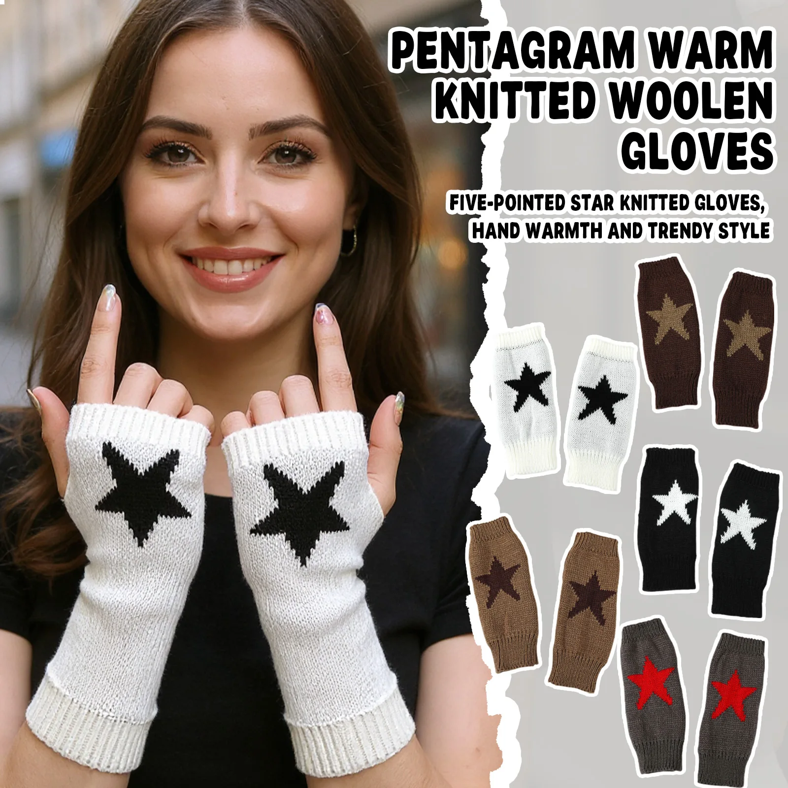 

Вязаные перчатки без пальцев со звездами и отверстием для большого пальца для женщин, грелки на запястья для зимнего набора, мягкие и стильные варежки