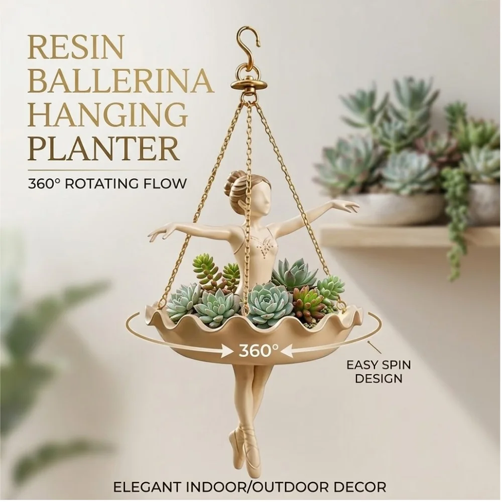 Ballet Dancer Sculpture Suspended Plant Holder Swivel Flower Container Balcony Window Yard Aesthetic Wall Hanging Urn