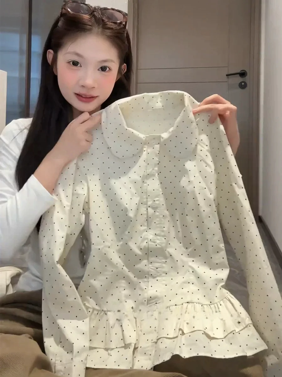 

Sweet Sle plus Size irt Long Sve Babydoll Collar Gentle Wave Dot Print Hem Ранняя осень Новый женский модный топ Sle