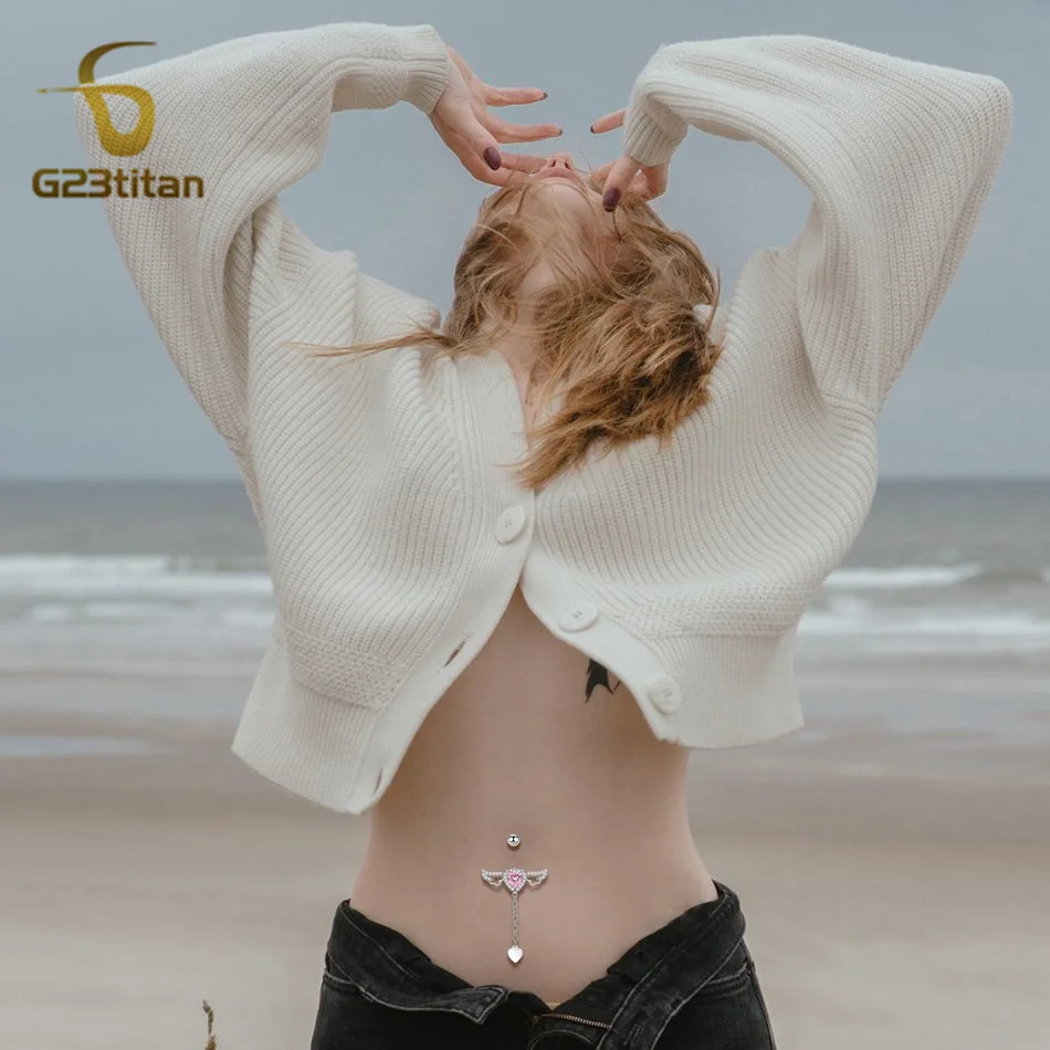 G23titan 6-16mm Titanium Barbell Heart Pendant Wings Belly Button Ring Surgical Body Piercing Anti Allergic Women Navel Jewelry