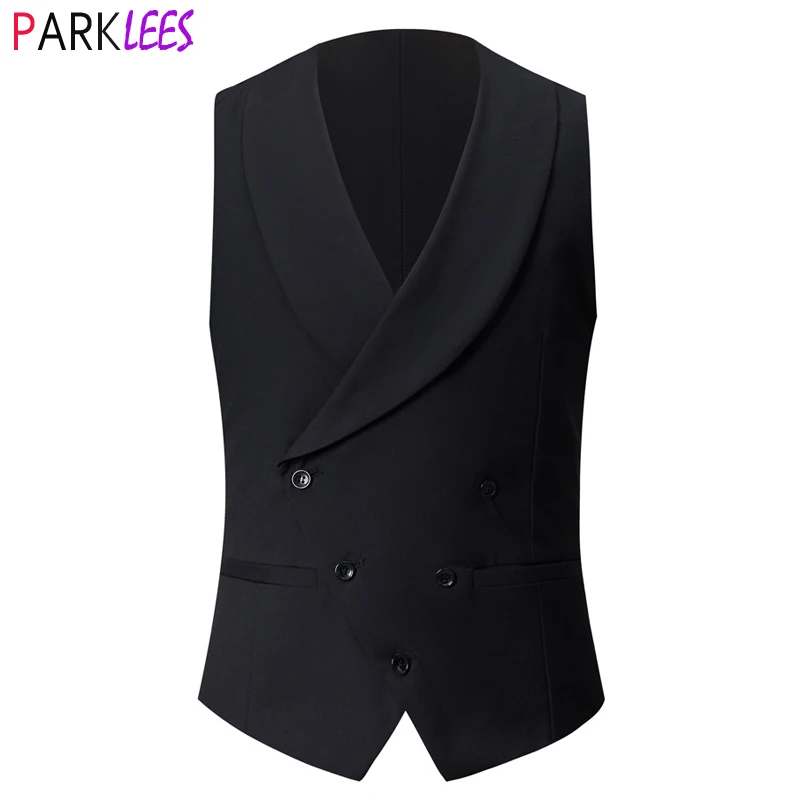 Mens Stylish Shawl Collar Double Breasted Tuxedo Vest 2023 Brand New Slim Fit Business Wedding Dress Waistcoat Gilet Homme Black