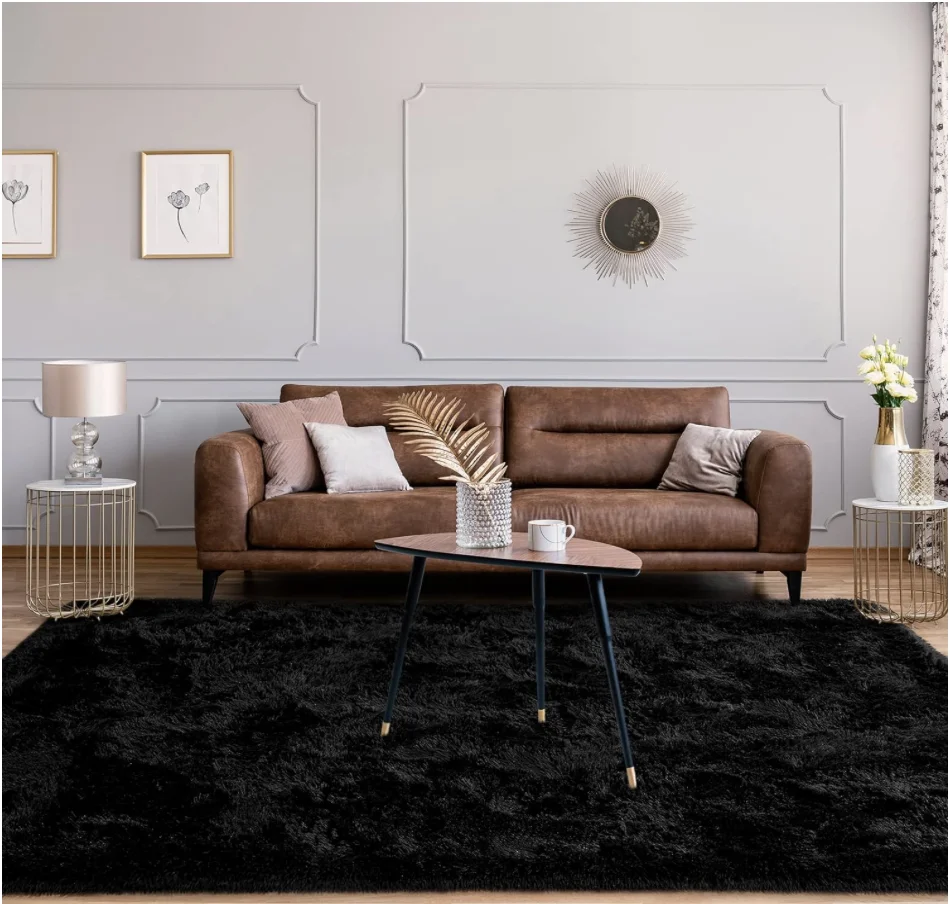 Black Square Area Rug | Fluffy Square Small Rug for Living Room | Washable Shaggy Carpet | Aesthetic Nursery Rug| Christmas Rug