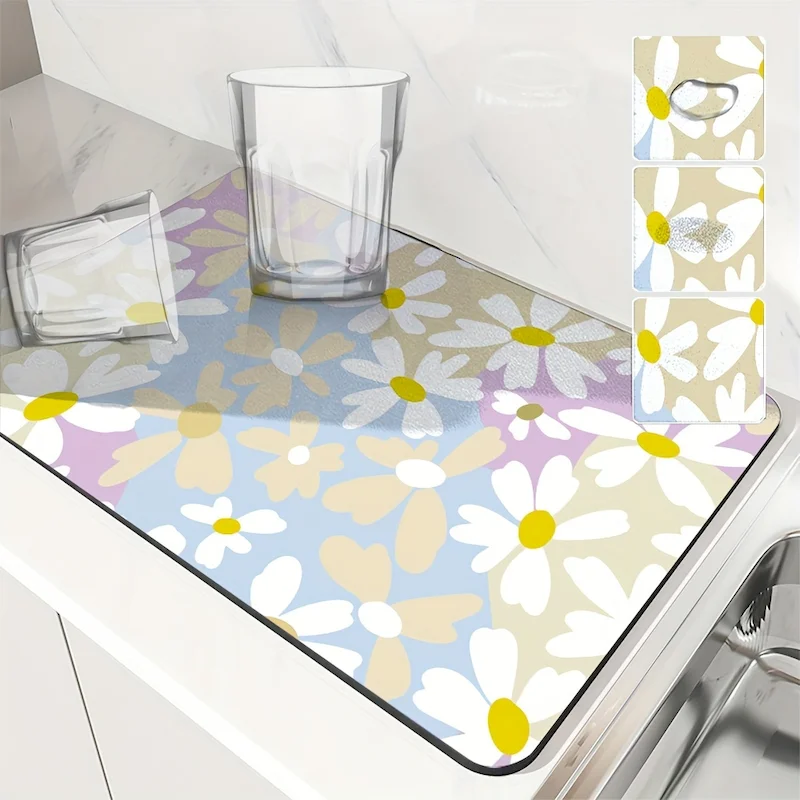 VIKAMA Pink Daisy Flower Plate Drying Pad Color Block Printing Waterproof and Anti slip Kitchen Tabletop Pad Home Decoration