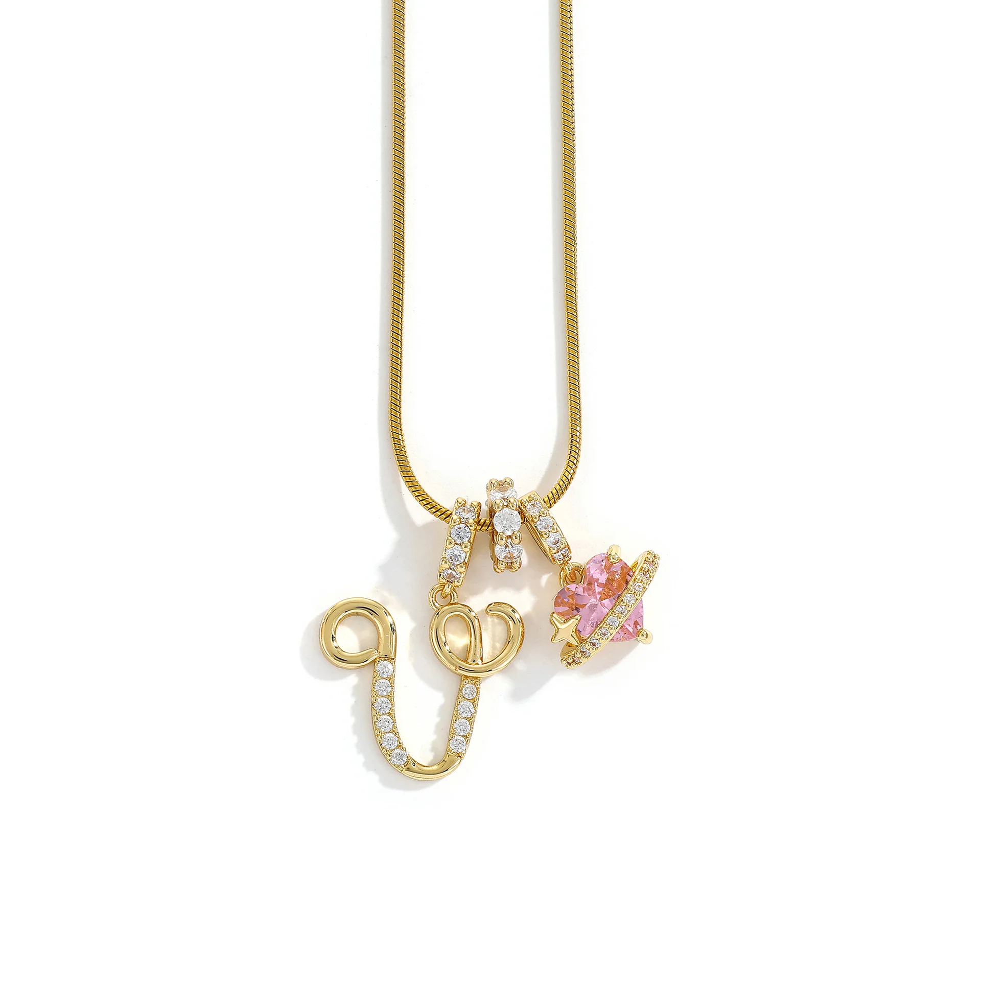Women's A-Z Initial Letter Pendant Necklace Snake Chain Initial Alphabet CZ Pink Heart Necklace Adjustable Size Hypoallergenic