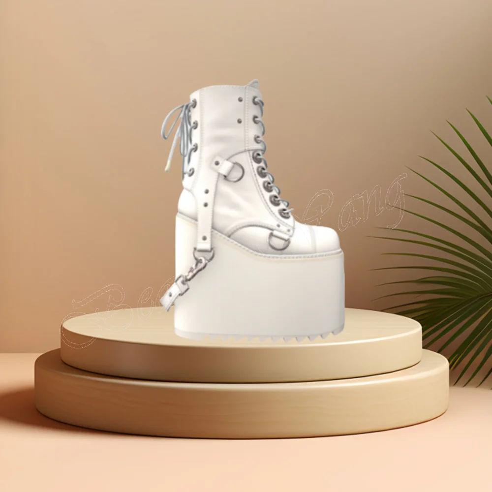White Pink Wedges Heel Boots Lace up High Heels Platform Round Toe High Heel Shoes for Women High Heel 2024 Zapatillas Mujer