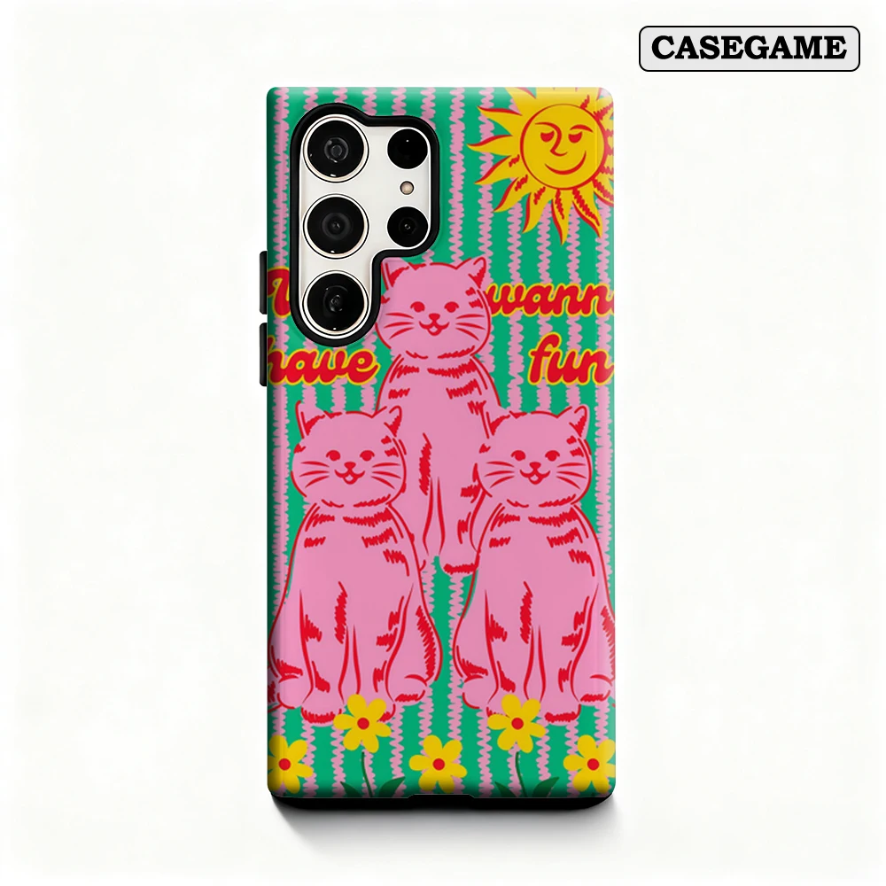 Retro Fun Pink Cats & Sun Phone Case for Samsung Galaxy S25 Ultra S24 S23 Ultra Plus Shockproof Double Layer Back Cover