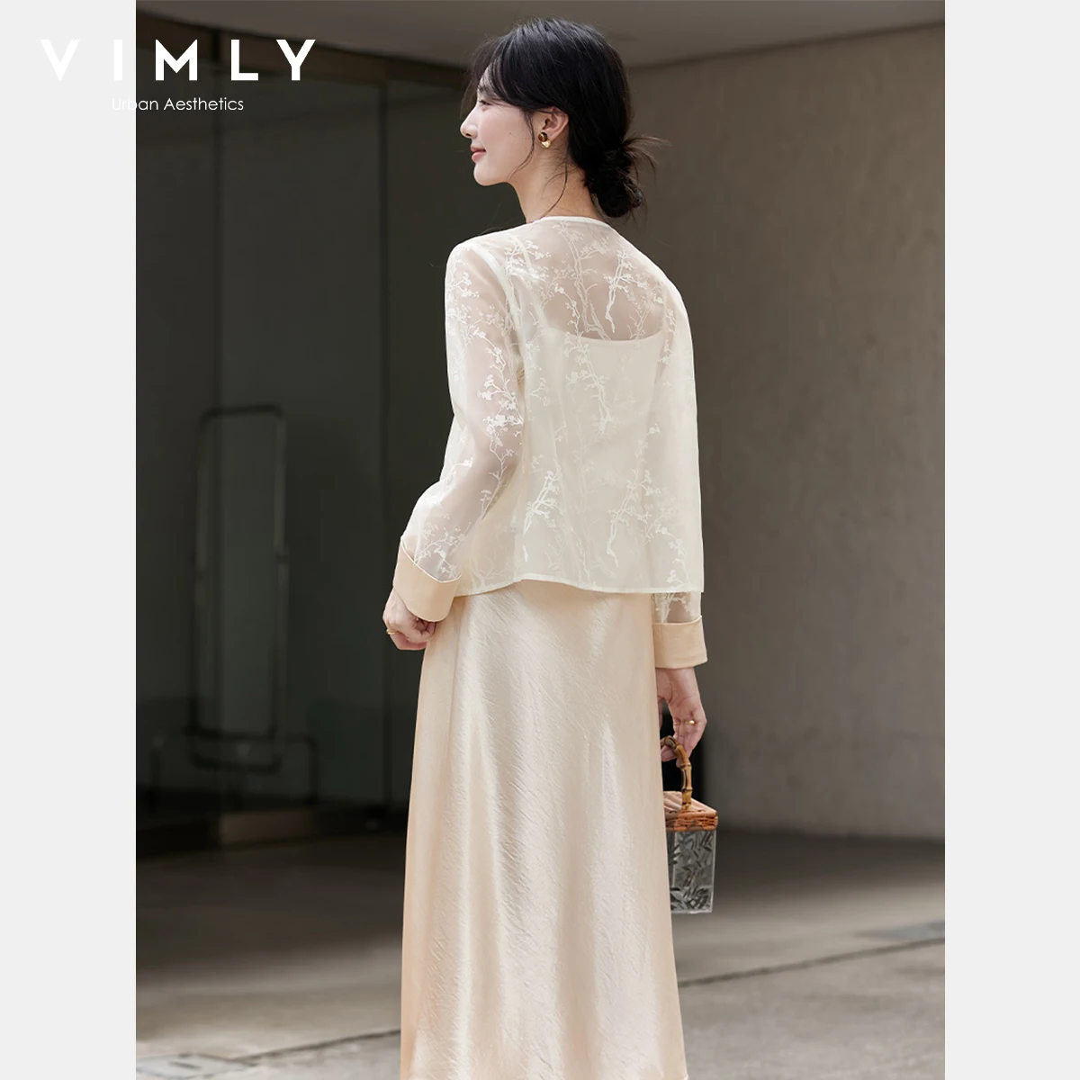 Vimly conjuntos de vestido de duas peças feminino estilo chinês manga longa impressão floral jaqueta longa suspender vestidos de cetim 2025 outono a2683