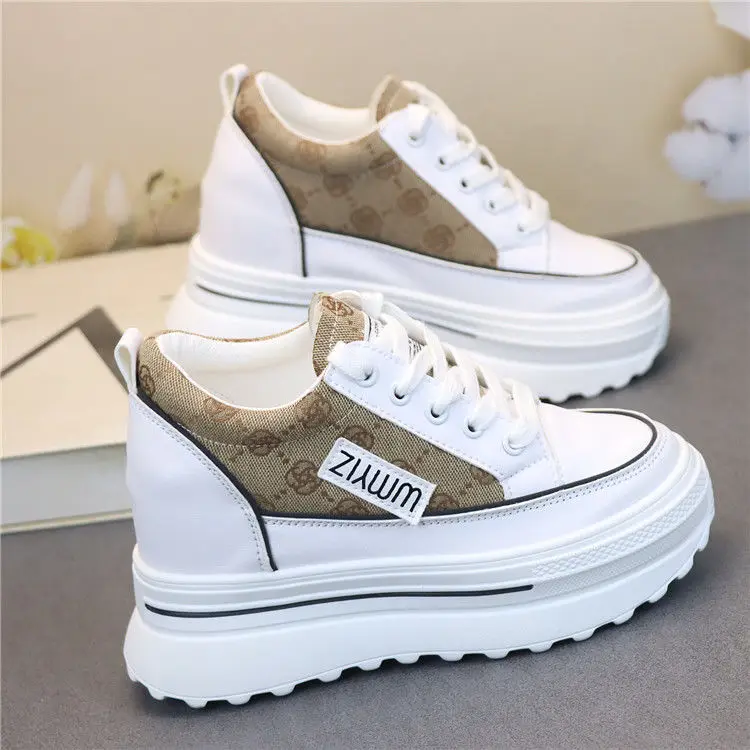 Colorblock Small Height Women Versatile Casual and Lightweight Sneakers Super High Heel Comfortable round Toe White Shoes