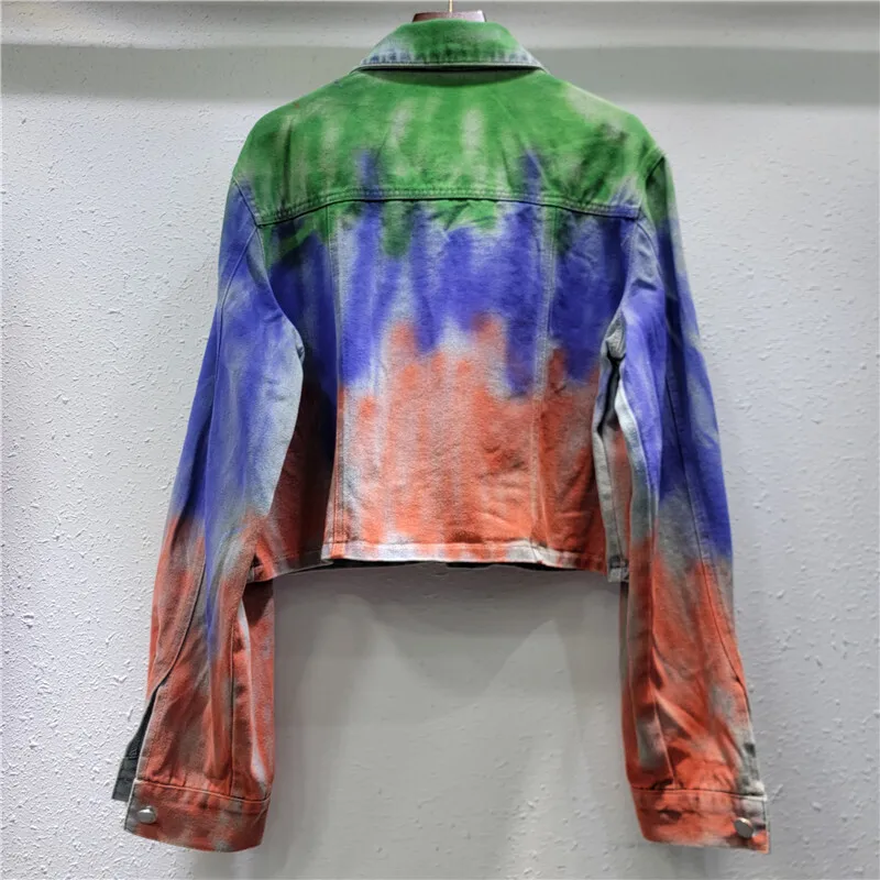 Hand-painted Graffiti Printed Denim Jacket Women Spring Heavy Work Diamond Big Pocket Lapel Long-sleeve Jeans Jacket Streetwear